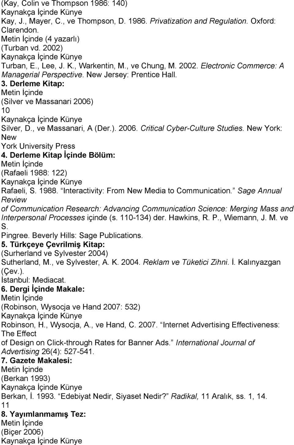 Derleme Kitap: Metin İçinde (Silver ve Massanari 2006) 10 Kaynakça İçinde Künye Silver, D., ve Massanari, A (Der.). 2006. Critical Cyber-Culture Studies. New York: New York University Press 4.