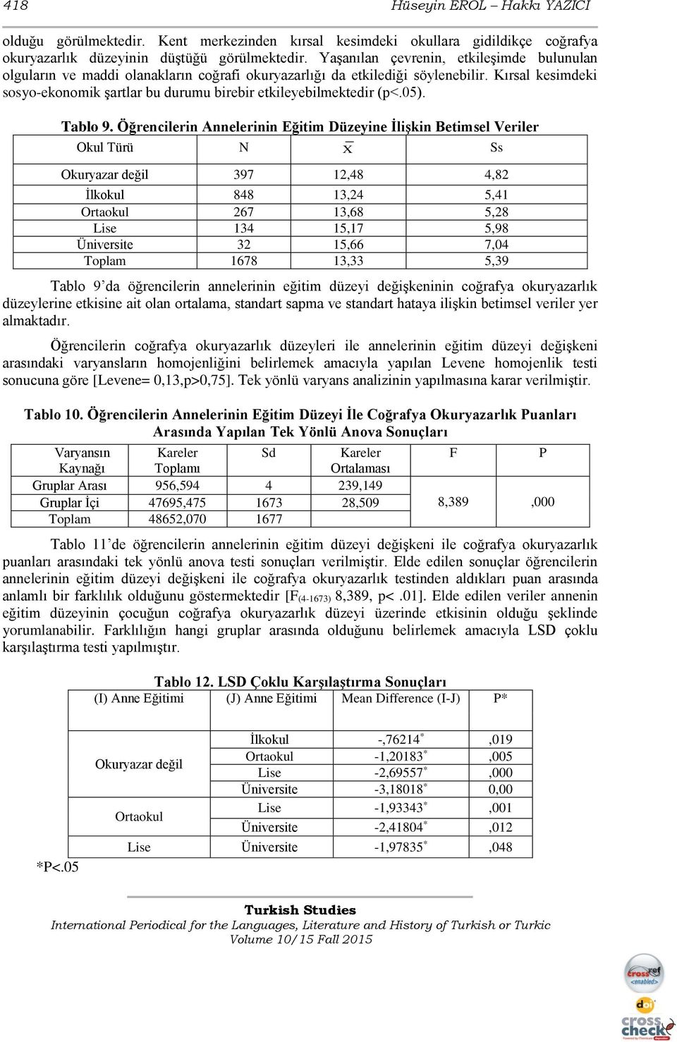 Kırsal kesimdeki sosyo-ekonomik şartlar bu durumu birebir etkileyebilmektedir (p<.05). Tablo 9.