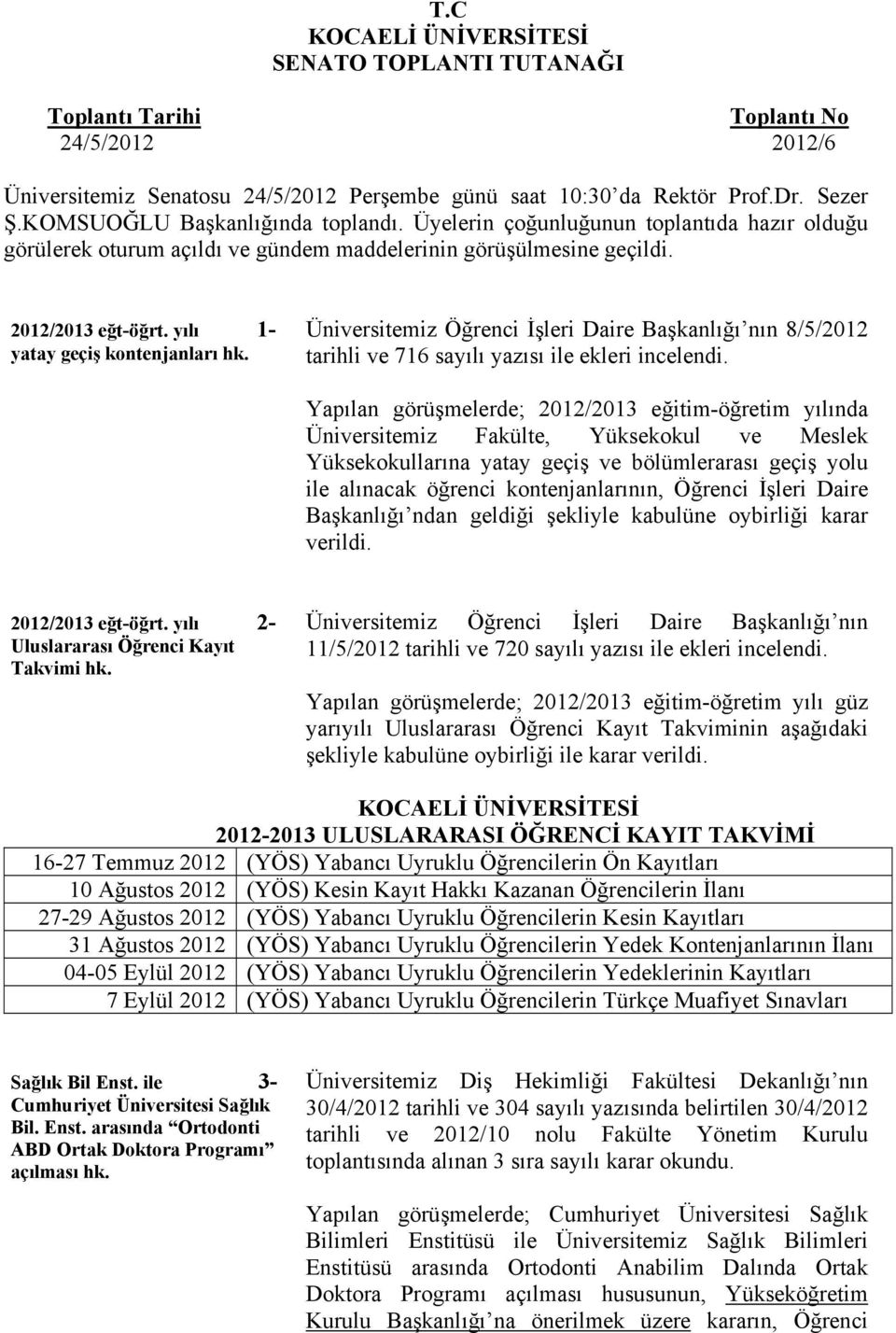 yılı 1- yatay geçiş kontenjanları hk. Üniversitemiz Öğrenci İşleri Daire Başkanlığı nın 8/5/2012 tarihli ve 716 sayılı yazısı ile ekleri incelendi.