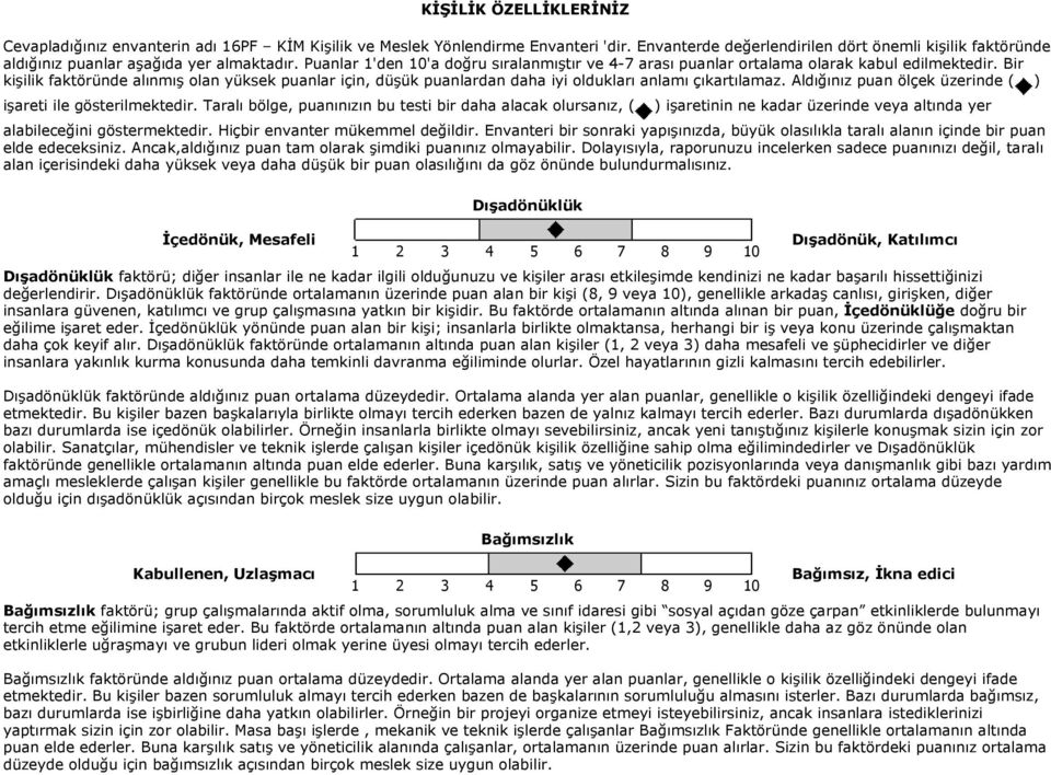 Bir kişilik faktöründe alınmış olan yüksek puanlar için, düşük puanlardan daha iyi oldukları anlamı çıkartılamaz. Aldığınız puan ölçek üzerinde ( ) işareti ile gösterilmektedir.