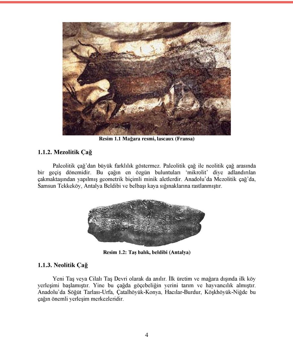 Anadolu da Mezolitik çağ da, Samsun Tekkeköy, Antalya Beldibi ve belbaşı kaya sığınaklarına rastlanmıştır. 1.1.3. Neolitik Çağ Resim 1.