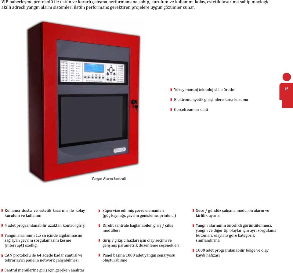 Yüzey montaj teknolojisi ile üretim Elektromanyetik girişimlere karşı koruma Gerçek zaman saati 15 Yangın Alarm Santrali Kullanıcı dostu ve estetik tasarımı ile kolay kurulum ve kullanım 4 adet