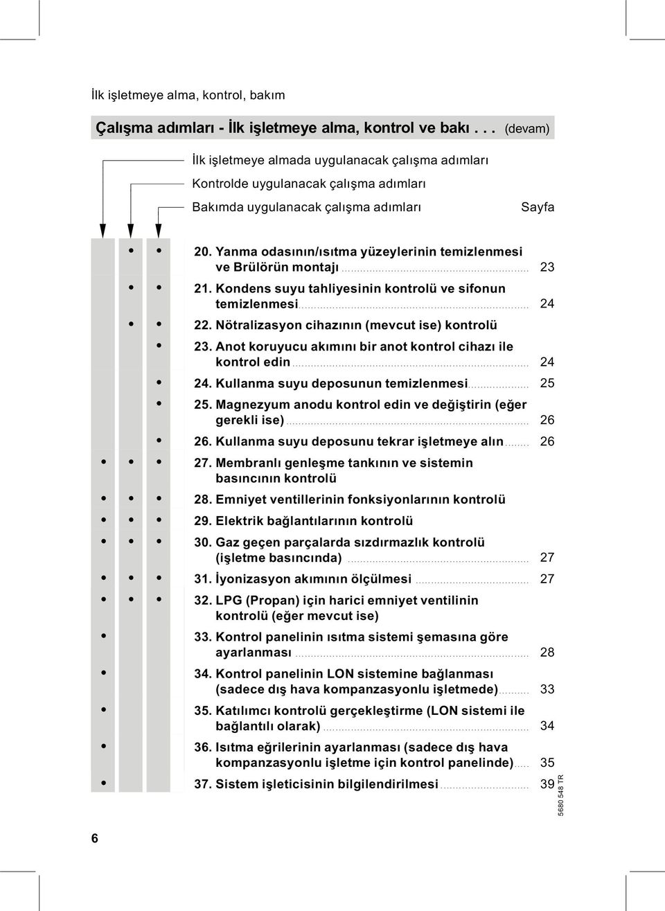 Yanma odasının/ısıtma yüzeylerinin temizlenmesi ve Brülörün montajı... 23 21. Kondens suyu tahliyesinin kontrolü ve sifonun temizlenmesi... 24 22. Nötralizasyon cihazının (mevcut ise) kontrolü 23.