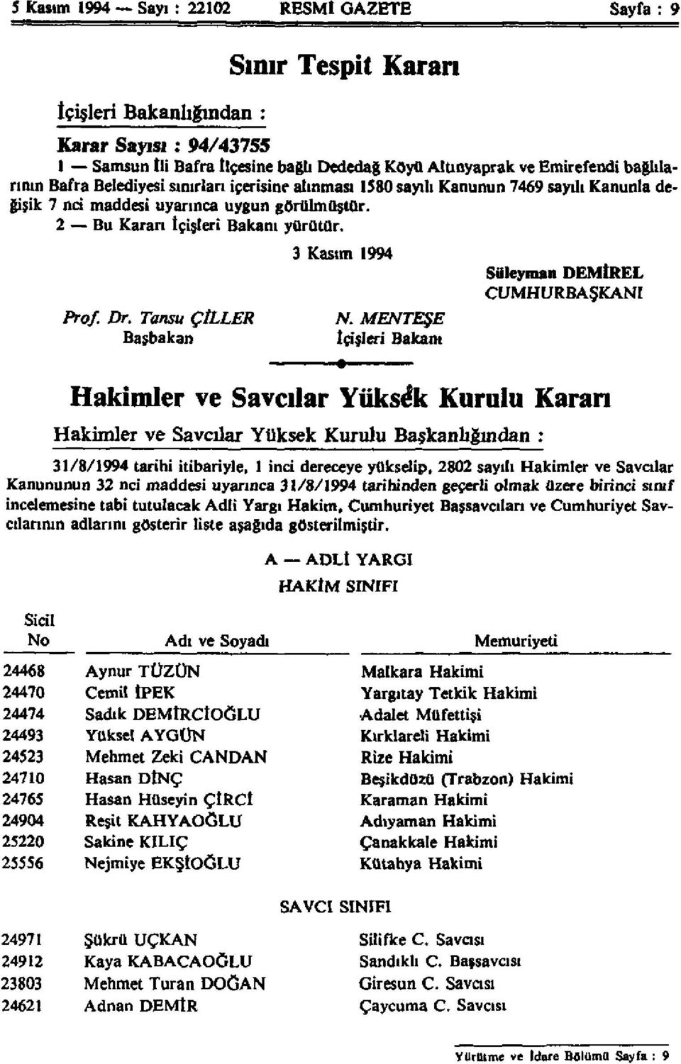 3 Kasım 1994 Prof. Dr. Tansu ÇİLLER ER N.