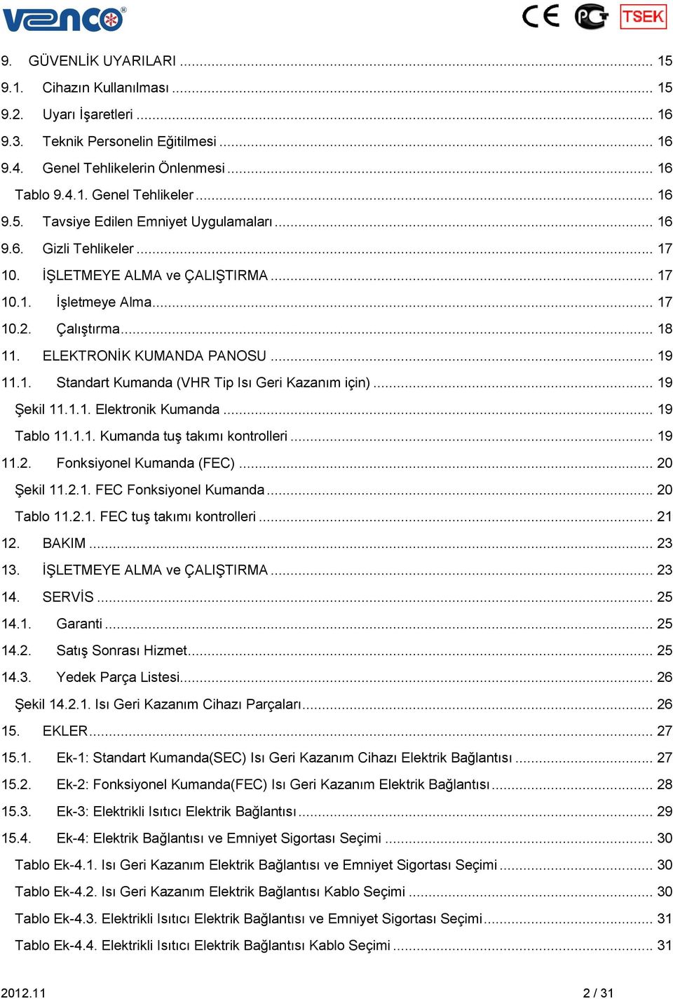 .. 19 Şekil 11.1.1. Elektronik Kumanda... 19 Tablo 11.1.1. Kumanda tuş takımı kontrolleri... 19 11.2. Fonksiyonel Kumanda (FEC)... 20 Şekil 11.2.1. FEC Fonksiyonel Kumanda... 20 Tablo 11.2.1. FEC tuş takımı kontrolleri.