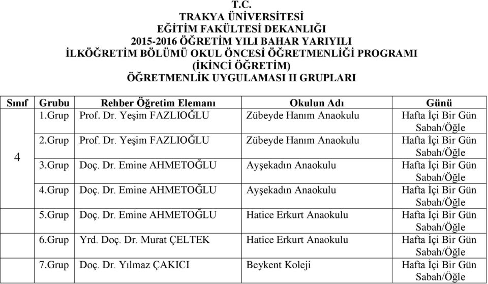 Dr. Emine AHMETOĞLU Ayşekadın Anaokulu Hafta İçi Bir Gün 4.Grup Doç. Dr. Emine AHMETOĞLU Ayşekadın Anaokulu Hafta İçi Bir Gün 5.Grup Doç. Dr. Emine AHMETOĞLU Hatice Erkurt Anaokulu Hafta İçi Bir Gün 6.