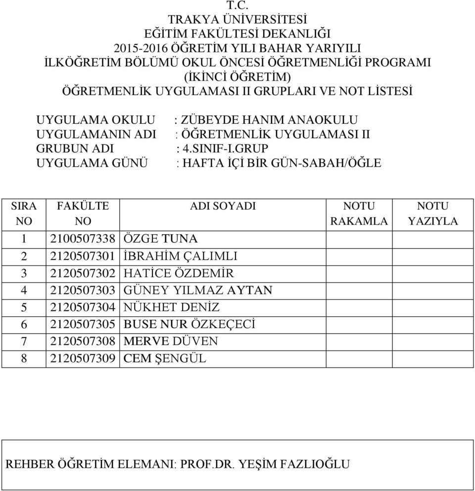 2120507303 GÜNEY YILMAZ AYTAN 5 2120507304 NÜKHET DENİZ 6 2120507305 BUSE NUR ÖZKEÇECİ 7