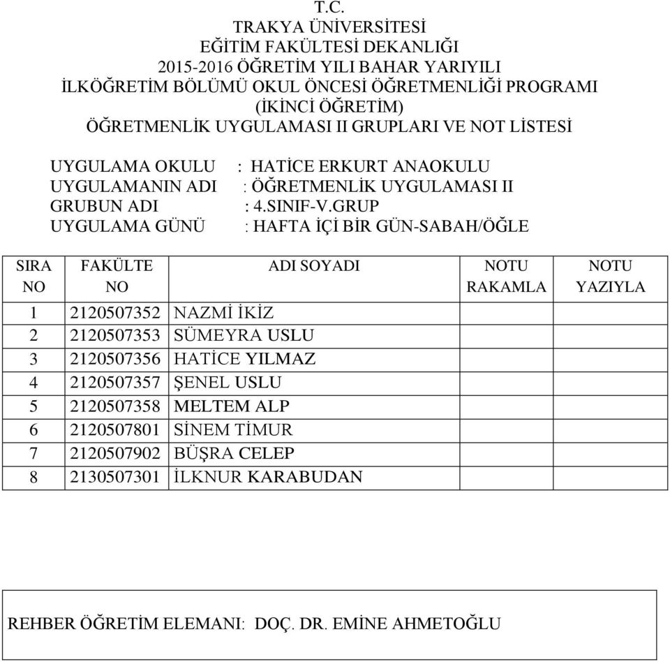 2120507357 ŞENEL USLU 5 2120507358 MELTEM ALP 6 2120507801 SİNEM TİMUR 7 2120507902