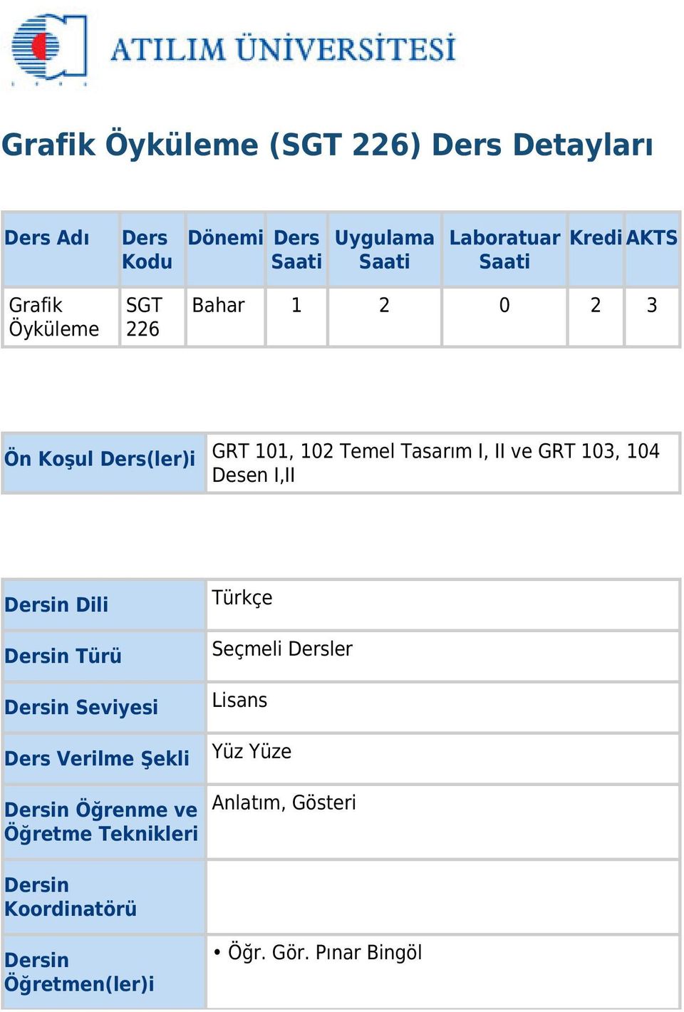 103, 104 Desen I,II Dersin Dili Dersin Türü Dersin Seviyesi Ders Verilme Şekli Dersin Öğrenme ve Öğretme