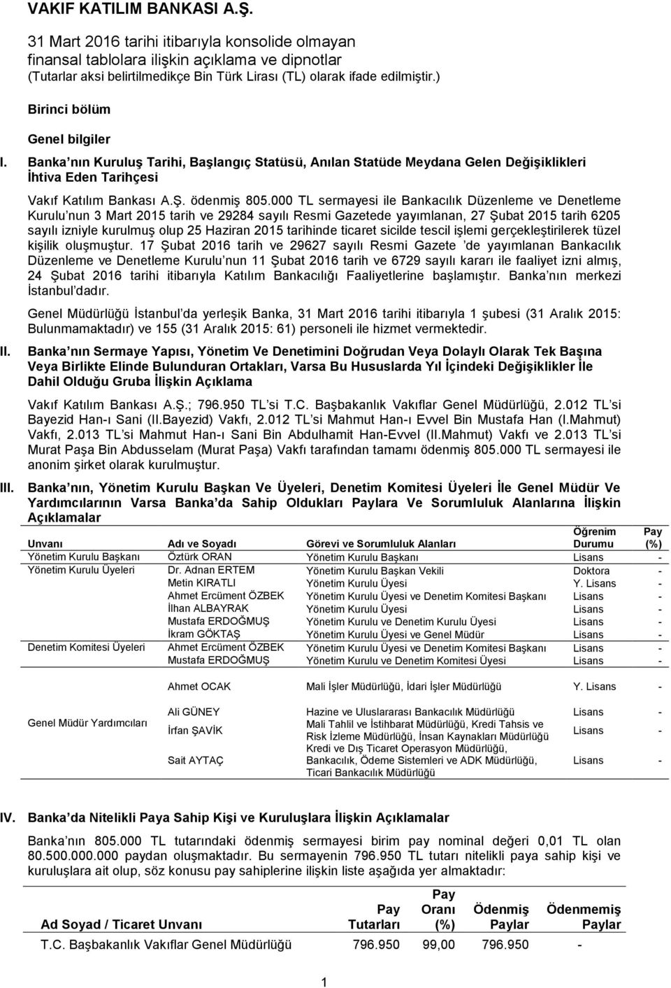 000 TL sermayesi ile Bankacılık Düzenleme ve Denetleme Kurulu nun 3 Mart 2015 tarih ve 29284 sayılı Resmi Gazetede yayımlanan, 27 Şubat 2015 tarih 6205 sayılı izniyle kurulmuş olup 25 Haziran 2015