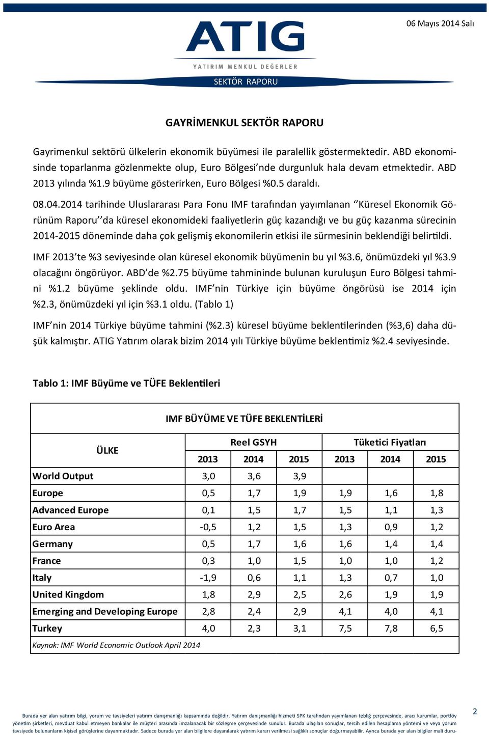 2014 tarihinde Uluslararası Para Fonu IMF tarafından yayımlanan Küresel Ekonomik Görünüm Raporu da küresel ekonomideki faaliyetlerin güç kazandığı ve bu güç kazanma sürecinin 2014-2015 döneminde daha