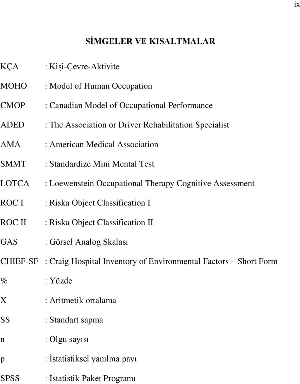 Occupational Therapy Cognitive Assessment : Riska Object Classification I : Riska Object Classification II : Görsel Analog Skalası CHIEF-SF : Craig Hospital