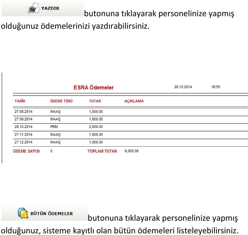 olduğunuz, sisteme kayıtlı olan bütün ödemeleri