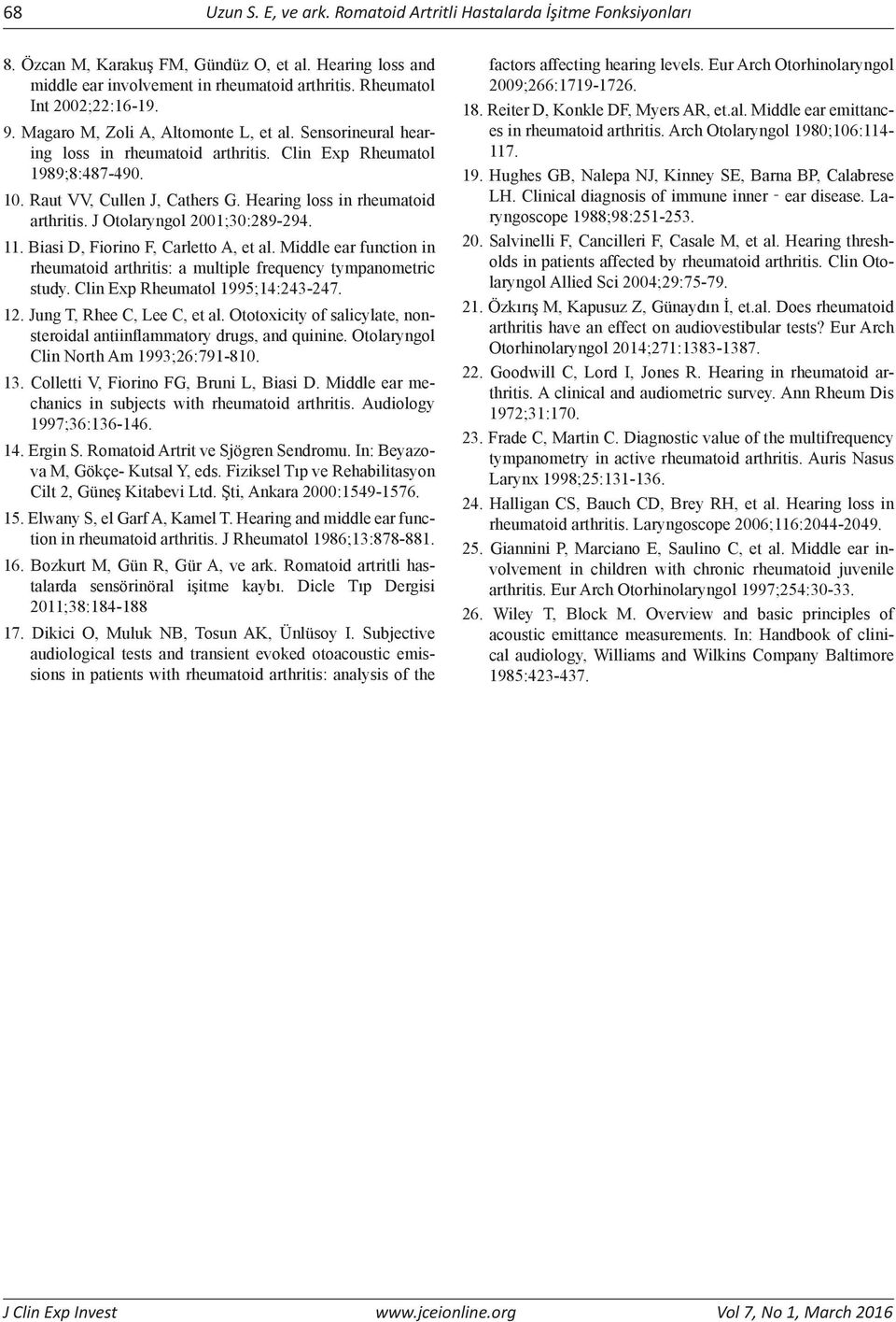 J Otolaryngol 00;30:89-94.. Biasi D, Fiorino F, Carletto A, et al. Middle ear function in rheumatoid arthritis: a multiple frequency tympanometric study. Clin Exp Rheumatol 995;4:43-47.