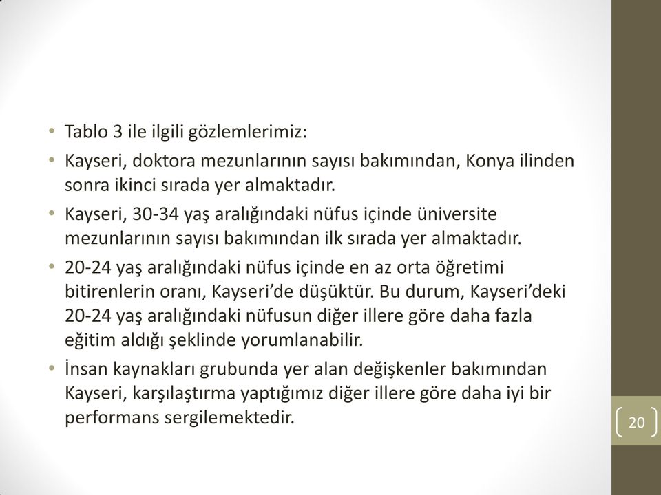 20-24 yaş aralığındaki nüfus içinde en az orta öğretimi bitirenlerin oranı, Kayseri de düşüktür.