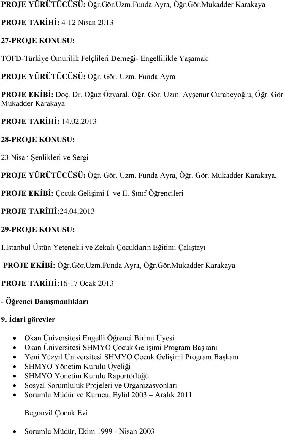 Gör. Mukadder Karakaya, PROJE EKİBİ: Çocuk Gelişimi I. ve II. Sınıf Öğrencileri 24.04.2013 29-PROJE KONUSU: I.İstanbul Üstün Yetenekli ve Zekalı Çocukların Eğitimi Çalıştayı PROJE EKİBİ: Öğr.Gör.Uzm.