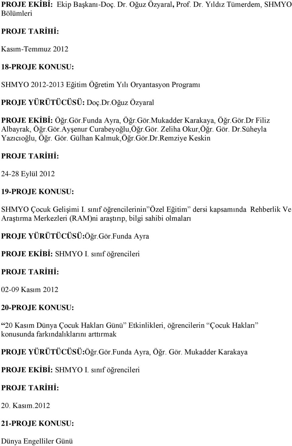 Gör.Dr.Remziye Keskin 24-28 Eylül 2012 19-PROJE KONUSU: SHMYO Çocuk Gelişimi I.