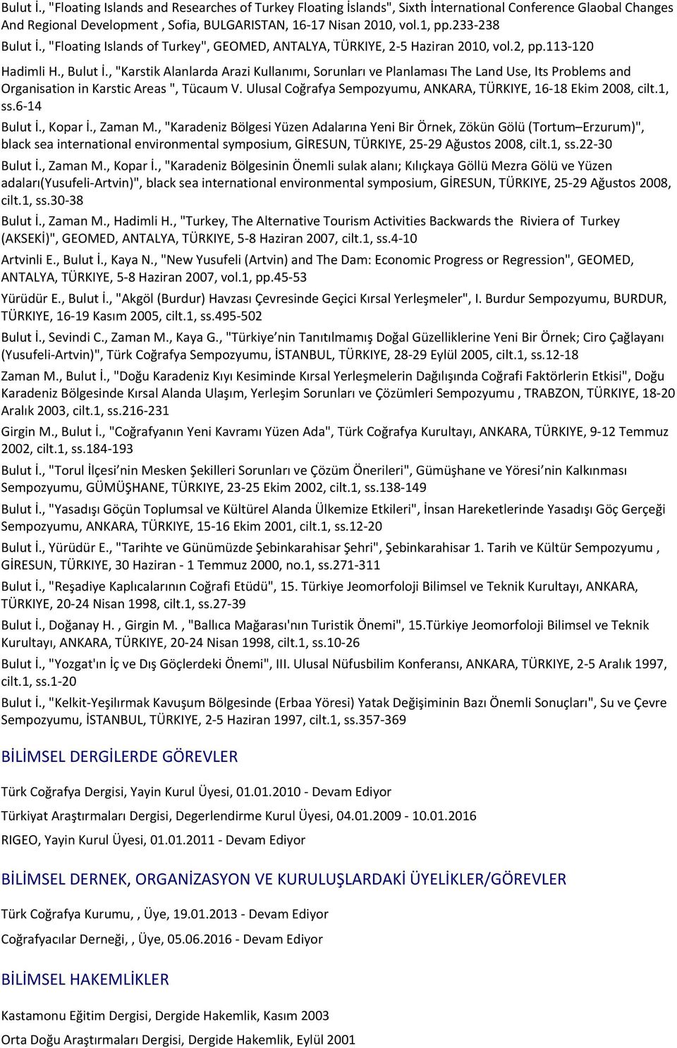 233-238 Bulut İ., "Floating Islands of Turkey", GEOMED, ANTALYA, TÜRKIYE, 2-5 Haziran 2010, vol.2, pp.113-120 Hadimli H., Bulut İ.