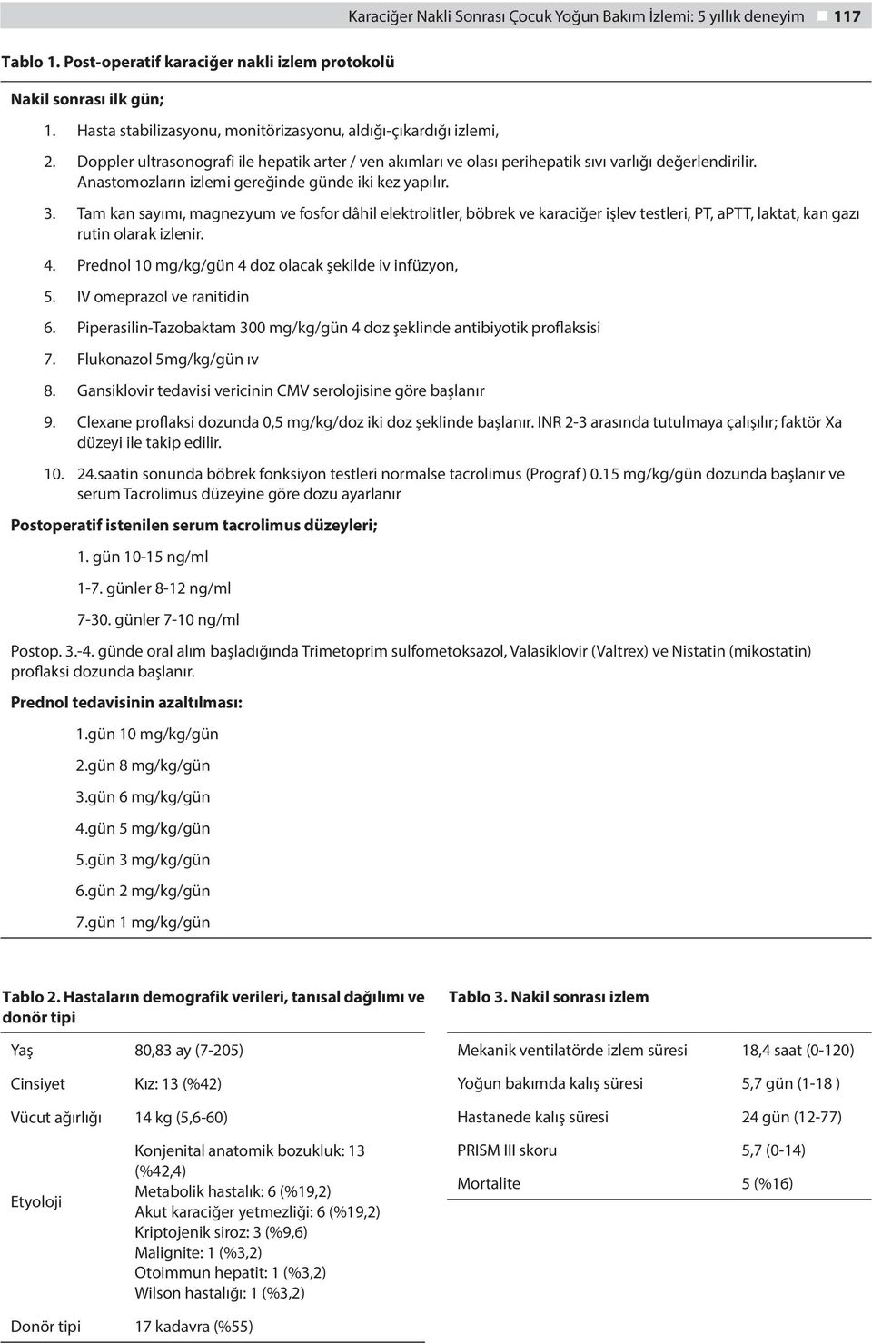 Anastomozların izlemi gereğinde günde iki kez yapılır. 3. Tam kan sayımı, magnezyum ve fosfor dâhil elektrolitler, böbrek ve karaciğer işlev testleri, PT, aptt, laktat, kan gazı rutin olarak izlenir.