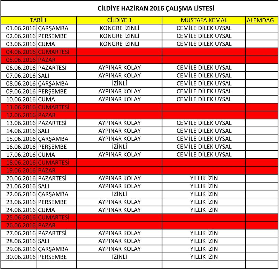 06.2016 SALI AYPINAR KOLAY CEMİLE DİLEK UYSAL 08.06.2016 ÇARŞAMBA İZİNLİ CEMİLE DİLEK UYSAL 09.06.2016 PERŞEMBE AYPINAR KOLAY CEMİLE DİLEK UYSAL 10.06.2016 CUMA 11.06.2016 CUMARTESİ 12.06.2016 PAZAR 13.