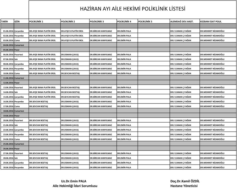 AYŞE RANA PLATİN EROL DR.AYŞE R.PLATİN EROL DR.BİRCAN KANYILMAZ DR.EMİN PALA DR.F.CANAN YAĞAN DR.MEHMET NİZAMOĞLU 04.06.2016 Cumartesi 05.06.2016 Pazar 06.06.2016 Pazartesi DR.