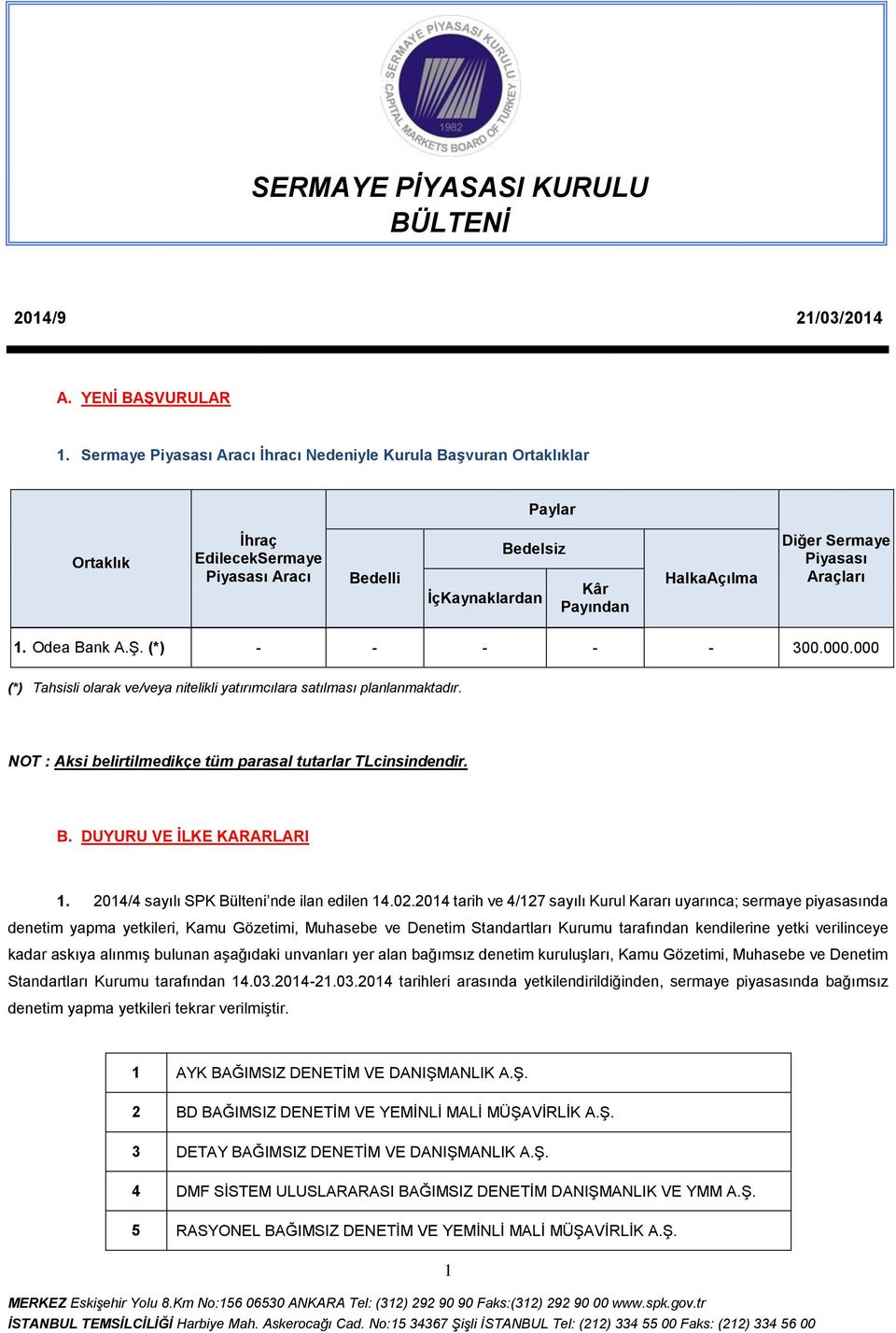 Piyasası Araçları 1. Odea Bank A.Ş. (*) - - - - - 300.000.000 (*) Tahsisli olarak ve/veya nitelikli yatırımcılara satılması planlanmaktadır.