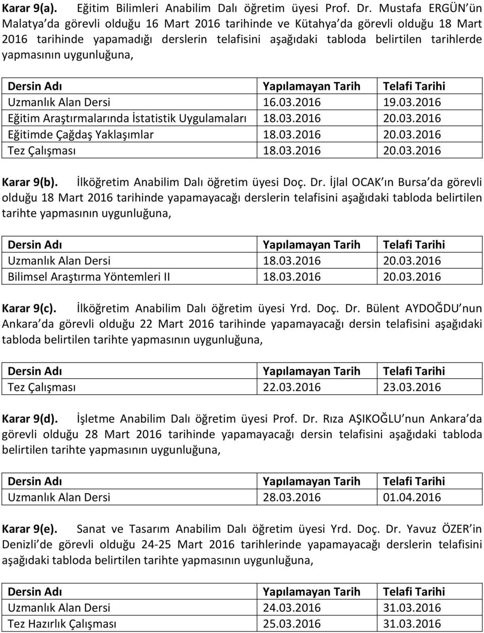 yapmasının uygunluğuna, Uzmanlık Alan Dersi 16.03.2016 19.03.2016 Eğitim Araştırmalarında İstatistik Uygulamaları 18.03.2016 20.03.2016 Eğitimde Çağdaş Yaklaşımlar 18.03.2016 20.03.2016 Tez Çalışması 18.