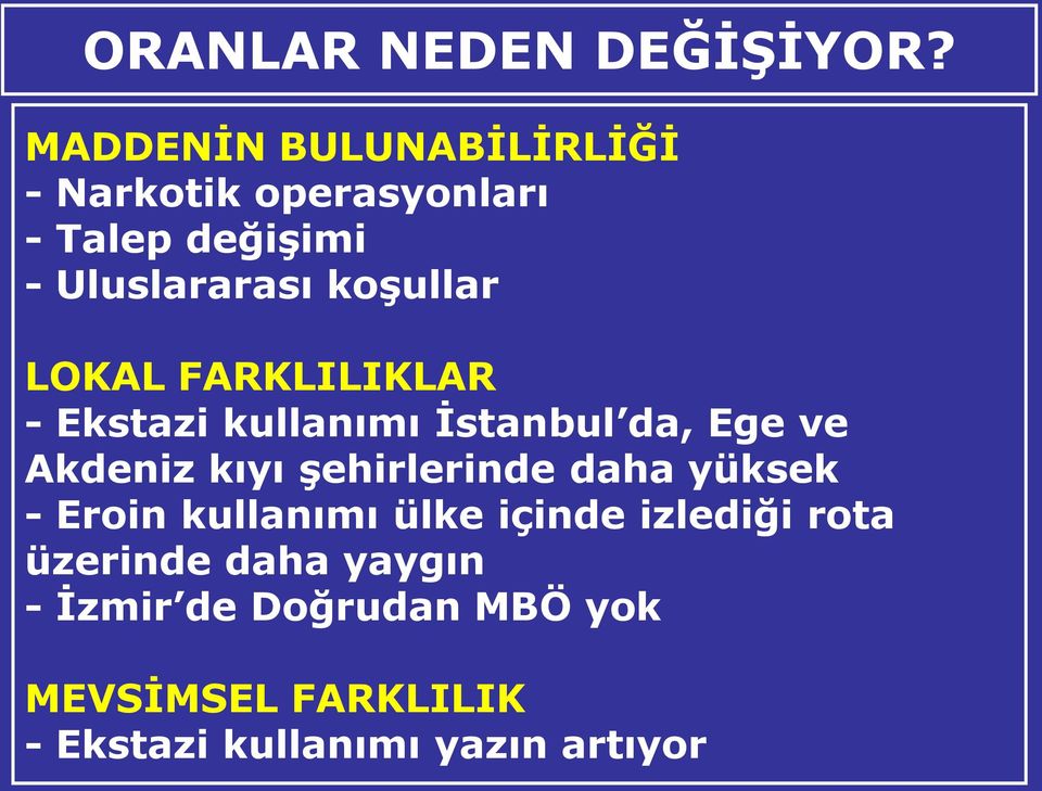 koşullar LOKAL FARKLILIKLAR - Ekstazi kullanımı İstanbul da, Ege ve Akdeniz kıyı