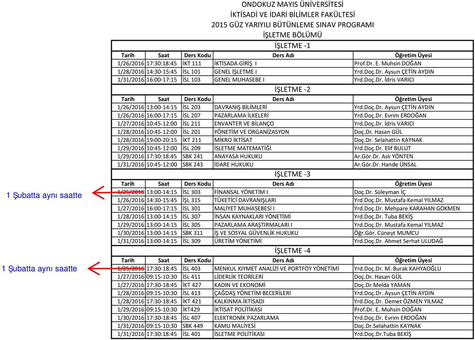 Doç.Dr. İdris VARICI 1/28/2016 10:45 12:00 İSL 201 YÖNETİM VE ORGANİZASYON Doç.Dr. Hasan GÜL 1/28/2016 19:00 20:15 İKT 211 MİKRO İKTİSAT Doç.Dr. Selahattin KAYNAK 1/29/2016 10:45 12:00 İSL 209 İSLETME MATEMATİĞİ Yrd.
