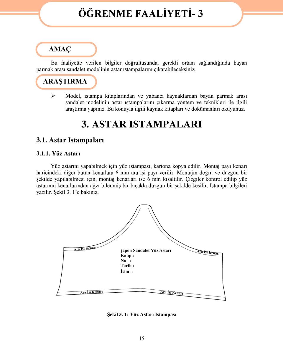 Bu konuyla ilgili kaynak kitapları ve dokümanları okuyunuz. 3.1. Astar Istampaları 3.1.1. Yüz Astarı 3. ASTAR ISTAMPALARI Yüz astarını yapabilmek için yüz ıstampası, kartona kopya edilir.