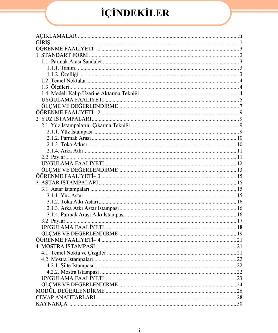 ..9 2.1.1. Yüz Istampası...9 2.1.2. Parmak Arası...10 2.1.3. Toka Atkısı...10 2.1.4. Arka Atkı...11 2.2. Paylar...11 UYGULAMA FAALİYETİ...12 ÖLÇME VE DEĞERLENDİRME...13 ÖĞRENME FAALİYETİ 3...15 3.