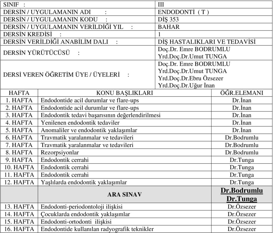 HAFTA Yenilenen endodontik tedaviler Dr.İnan 5. HAFTA Anomaliler ve endodontik yaklaşımlar Dr.İnan 6. HAFTA Travmatik yaralanmalar ve tedavileri Dr.Bodrumlu 7.