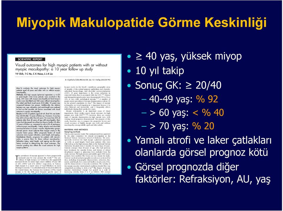 yaş: % 20 Yamalı atrofi ve laker çatlakları olanlarda görsel