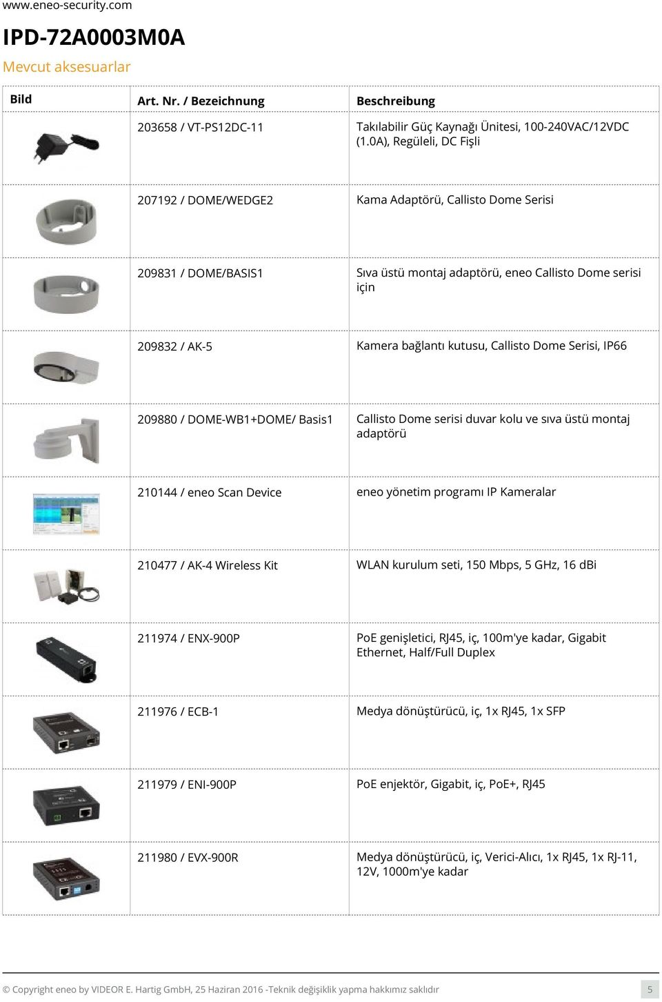 Callisto Dome Serisi, IP66 209880 / DOME-WB1+DOME/ Basis1 Callisto Dome serisi duvar kolu ve sıva üstü montaj adaptörü 210144 / eneo Scan Device eneo yönetim programı IP Kameralar 210477 / AK-4