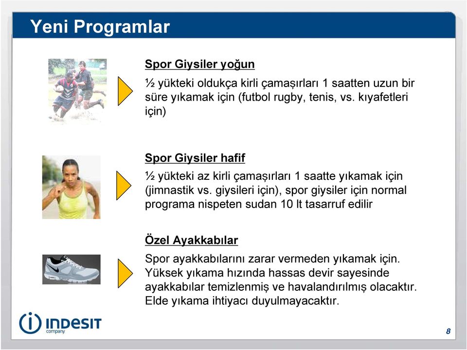 giysileri için), spor giysiler için normal programa nispeten sudan 10 lt tasarruf edilir Özel Ayakkabılar Spor ayakkabılarını zarar