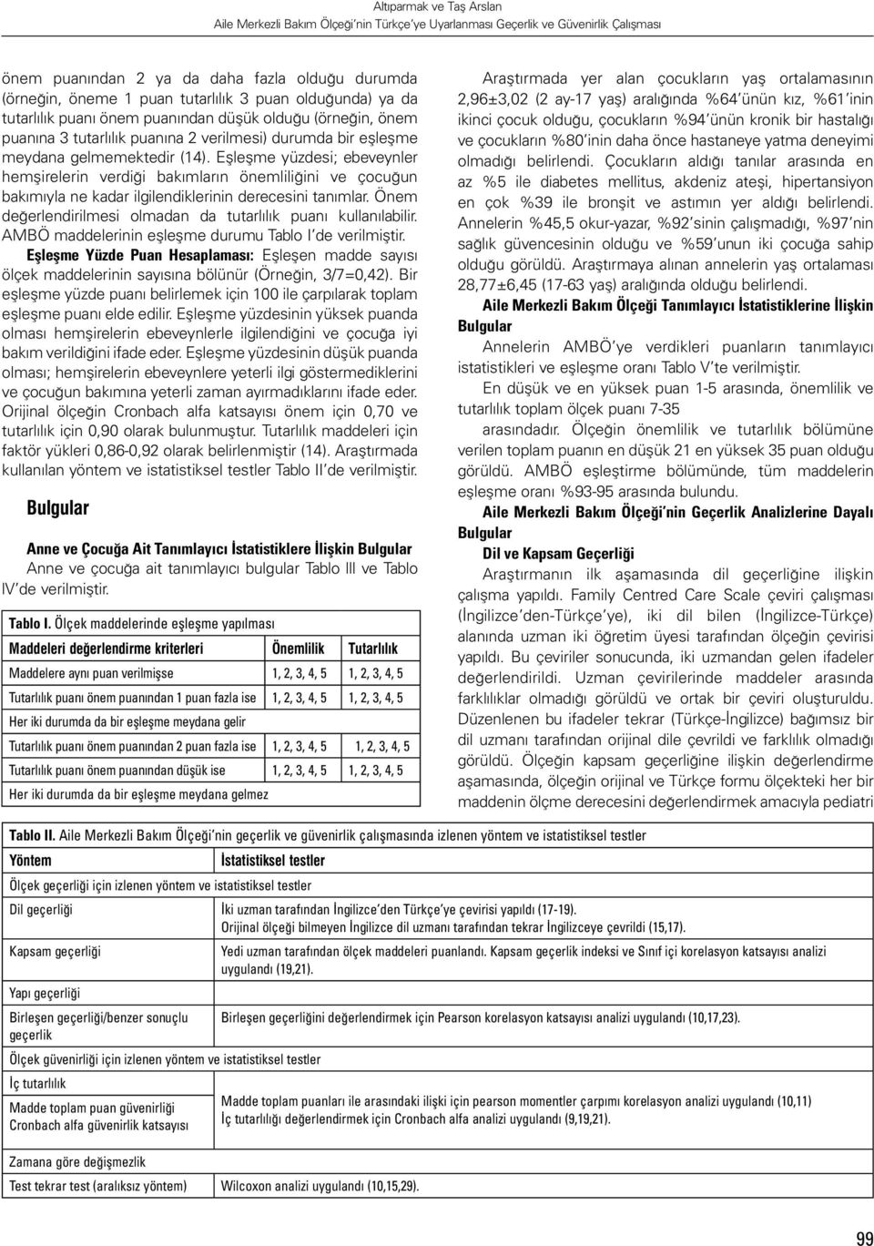 Önem değerlendirilmesi olmadan da tutarlılık puanı kullanılabilir. AMBÖ maddelerinin eşleşme durumu Tablo I de verilmiştir.