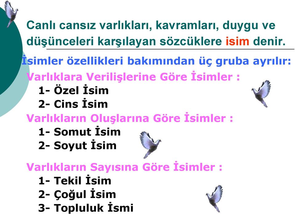 İsimler özellikleri bakımından üç gruba ayrılır: Varlıklara Verilişlerine Göre İsimler :