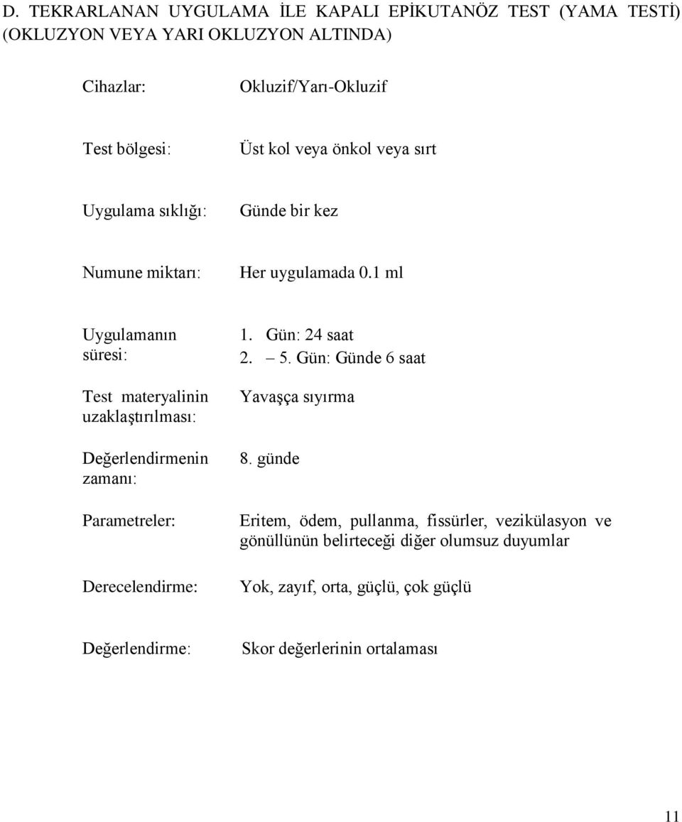 1 ml Uygulamanın süresi: Test materyalinin uzaklaştırılması: Değerlendirmenin zamanı: Parametreler: Derecelendirme: 1. Gün: 24 saat 2. 5.