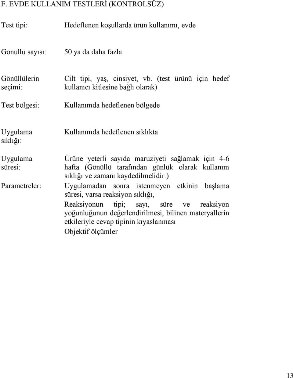 (test ürünü için hedef kullanıcı kitlesine bağlı olarak) Kullanımda hedeflenen bölgede Uygulama sıklığı: Uygulama süresi: Parametreler: Kullanımda hedeflenen sıklıkta Ürüne yeterli