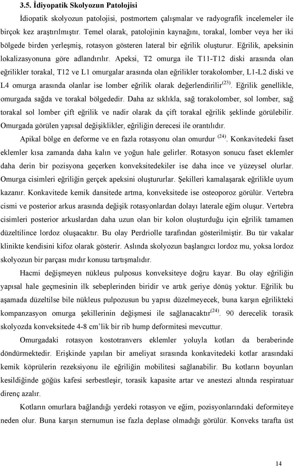 Apeksi, T2 omurga ile T11-T12 diski arasında olan eğrilikler torakal, T12 ve L1 omurgalar arasında olan eğrilikler torakolomber, L1-L2 diski ve L4 omurga arasında olanlar ise lomber eğrilik olarak