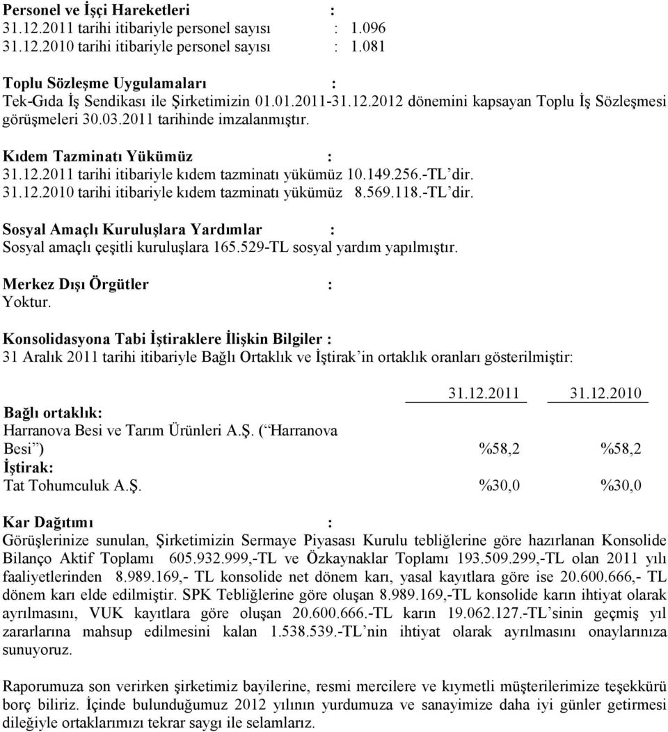 Kıdem Tazminatı Yükümüz : 31.12.2011 tarihi itibariyle kıdem tazminatı yükümüz 10.149.256.-TL dir. 31.12.2010 tarihi itibariyle kıdem tazminatı yükümüz 8.569.118.-TL dir. Sosyal Amaçlı Kuruluşlara Yardımlar : Sosyal amaçlı çeşitli kuruluşlara 165.