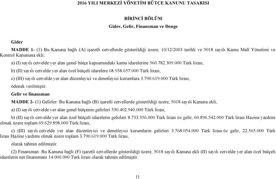 000 Türk lirası, b) (II) sayılı cetvelde yer alan özel bütçeli idarelere 68.938.657.000 Türk lirası, c) (III) sayılı cetvelde yer alan düzenleyici ve denetleyici kurumlara 3.790.619.