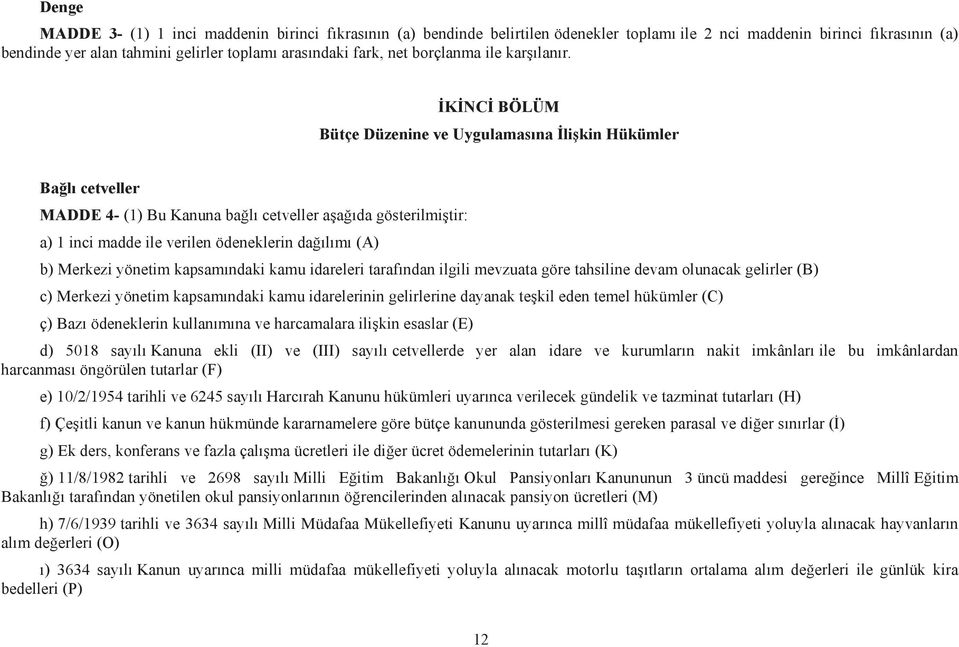 İKİNCİ BÖLÜM Bütçe Düzenine ve Uygulamasına İlişkin Hükümler Bağlı cetveller MADDE 4- (1) Bu Kanuna bağlı cetveller aşağıda gösterilmiştir: a) 1 inci madde ile verilen ödeneklerin dağılımı (A) b)