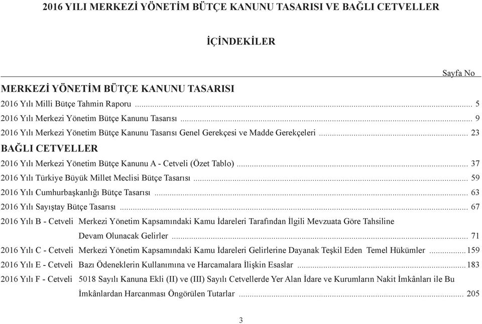 .. 23 BAĞLI CETVELLER 2016 Yılı Merkezi Yönetim Bütçe Kanunu A - Cetveli (Özet Tablo)... 37 2016 Yılı Türkiye Büyük Millet Meclisi Bütçe Tasarısı... 59 2016 Yılı Cumhurbaşkanlığı Bütçe Tasarısı.