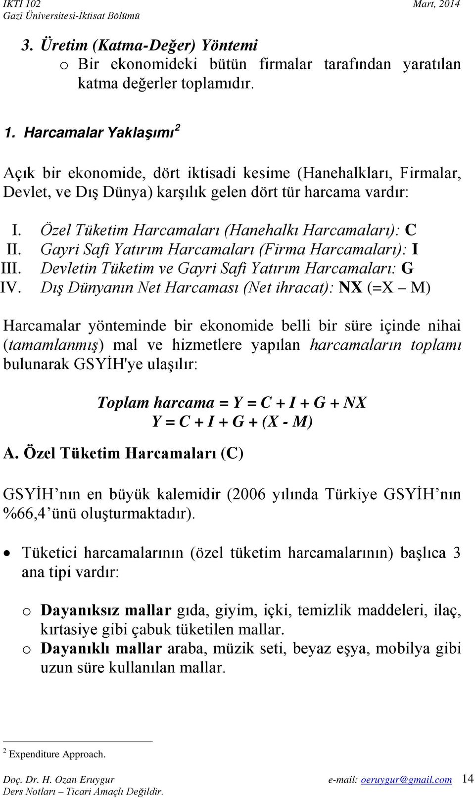 Özel Tüketim Harcamaları (Hanehalkı Harcamaları): C II. Gayri Safi Yatırım Harcamaları (Firma Harcamaları): I III. Devletin Tüketim ve Gayri Safi Yatırım Harcamaları: G IV.