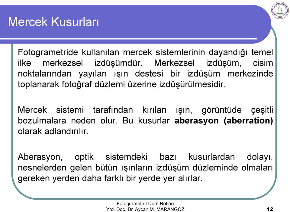 Mercek sistemi tarafından kırılan ışın, görüntüde çeşitli bozulmalara neden olur. Bu kusurlar aberasyon (aberration) olarak adlandırılır.