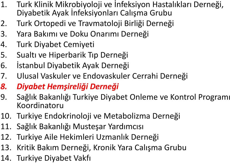 Ulusal Vaskuler ve Endovaskuler Cerrahi Derneği 8. Diyabet Hemşireliği Derneği 9. Sağlık Bakanlığı Turkiye Diyabet Onleme ve Kontrol Programı Koordinatoru 10.