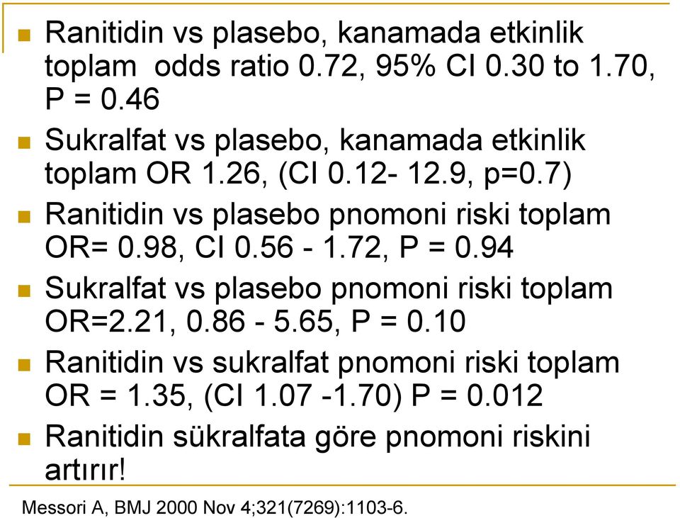 7) Ranitidin vs plasebo pnomoni riski toplam OR= 0.98, CI 0.56-1.72, P = 0.