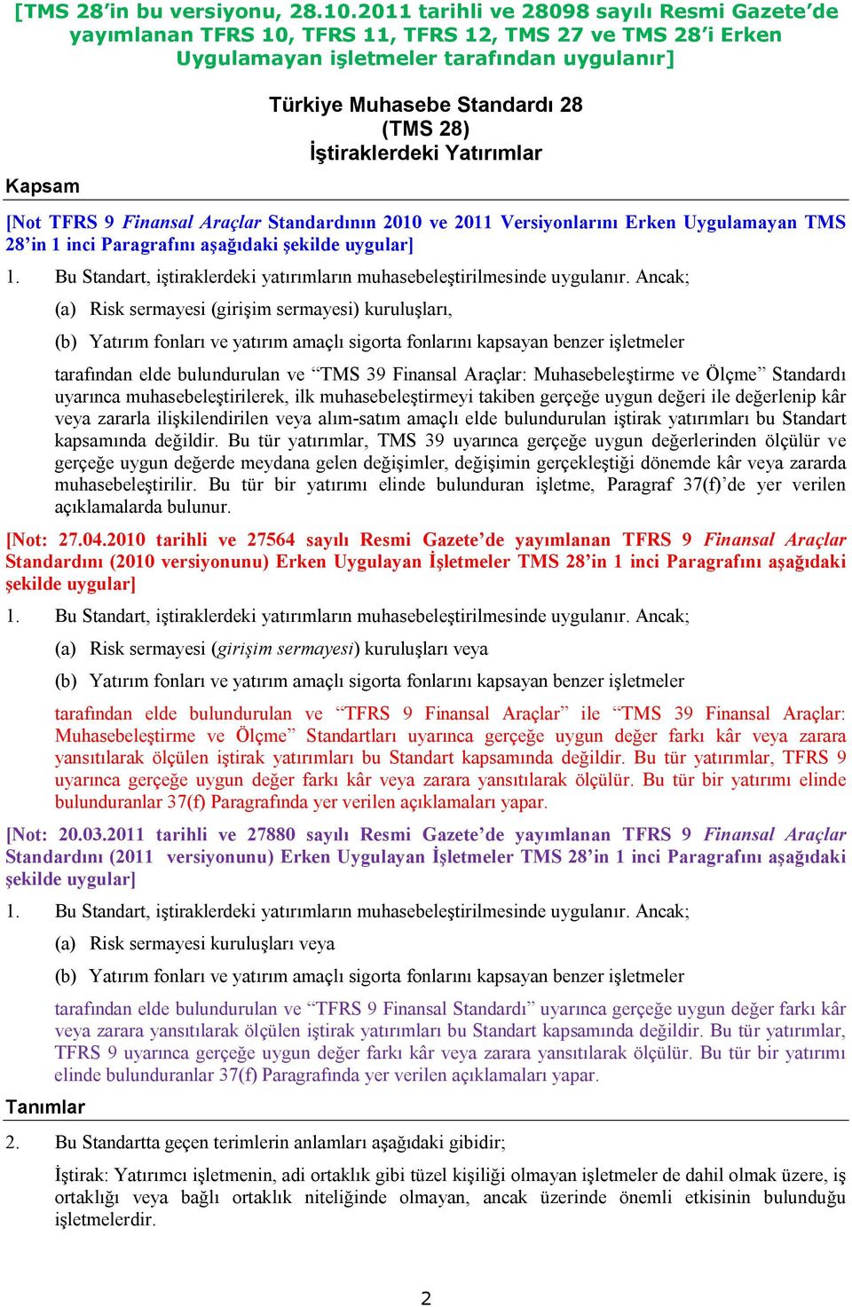 İştiraklerdeki Yatırımlar [Not TFRS 9 Finansal Araçlar Standardının 2010 ve 2011 Versiyonlarını Erken Uygulamayan TMS 28 in 1 inci Paragrafını aşağıdaki şekilde uygular] 1.