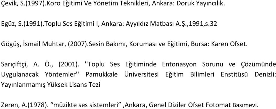 Sesin Bakımı, Koruması ve Eğitimi, Bursa: Karen Ofset. Sarıçiftçi, A. Ö., (2001).